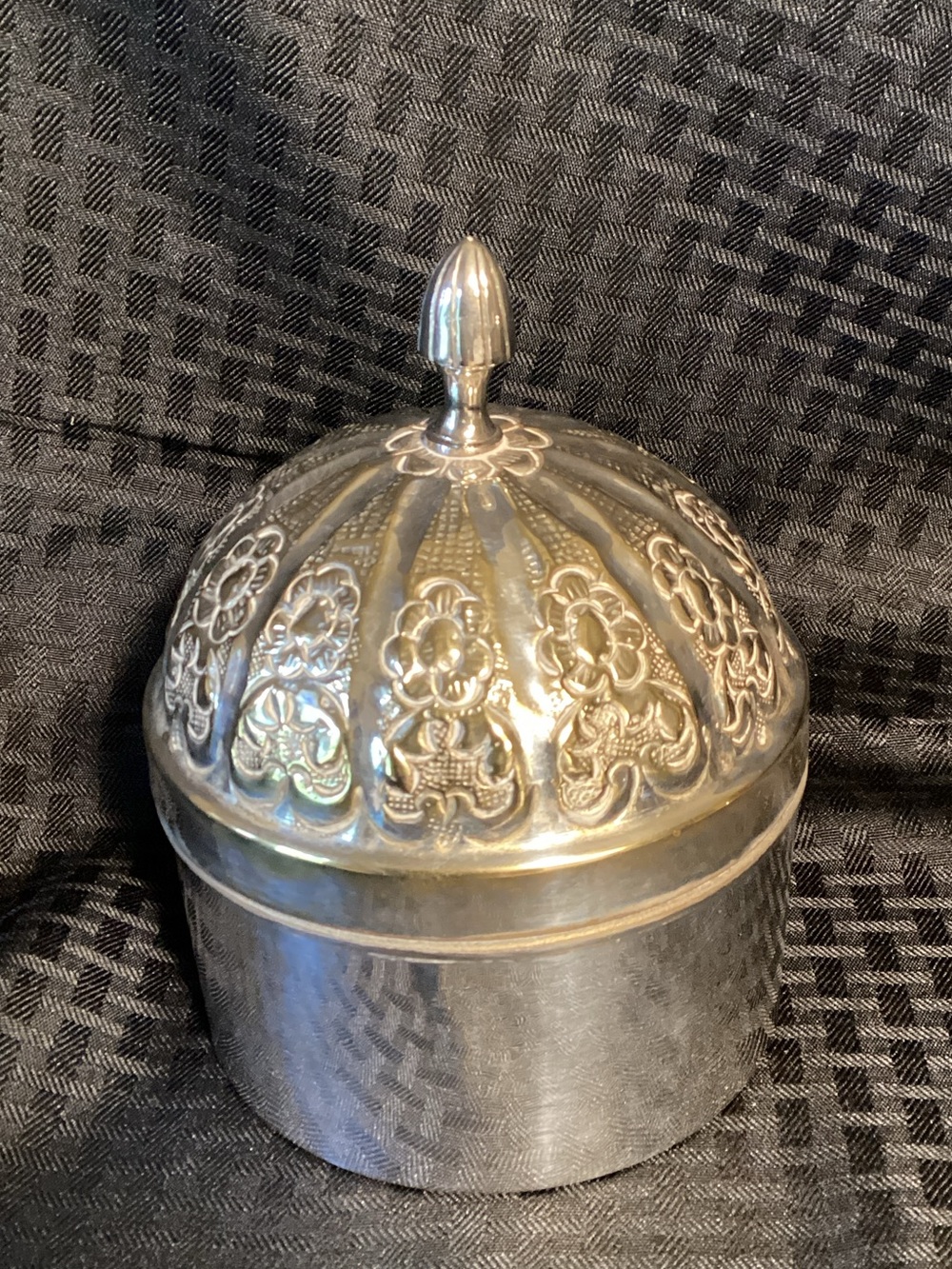 Vintage Decorative Silver-Tone Lidded Jewelry or Trinket Box. Made in India.